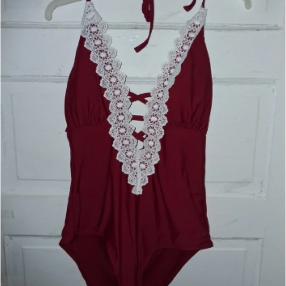 Girls Burgundy One-Piece Swimsuit with White Lace Trim